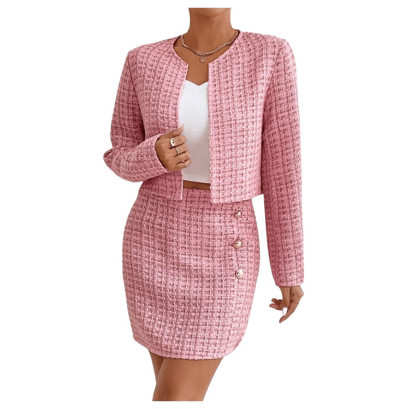 Floerns Women's 2 Piece Outfits Plaid Tweed Blazer Long Sleeve