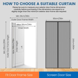 Sylken Magnetic Screen Door Fit Door Size 36 x 80 Inch, Upgraded Polyester Scratch-Proof, Mesh Net Curtain for Sliding Glass/Double/Patio/French/Front/Back Doors with Strengthened Magnets, Grey