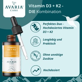 Avaria® Care - Vitamin D3 + K2 Drops with K2VITAL®, Laboratory Tested & Produced in Germany, Vegan, 1,700 Drops 50 ml