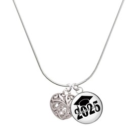 Delight Jewelry Silvertone Medium Open Filigree Heart Script Class of 2025 Dome Charm Necklace, 18"