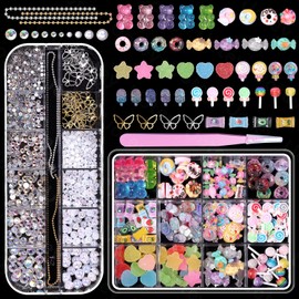2 Boxes Candy Nail Charms and Rhinestones, Color Lollipop Candy Donuts Acrylic Nail Charms Gummy Bear Charms for Nails, Cute Candy Nail Art Charms Nail Gems Rhinestones DIY Nail Art Supplies