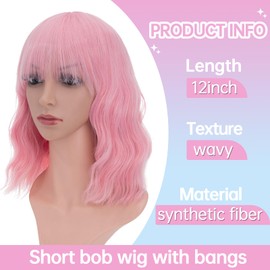 S-noilite Pastel Pink Bob Wig With Bangs Women Short Wavy Bob Wigs Loose Curly Wave Shoulder Length Pastel Bob Synthetic Anime Cosplay Party Wig Colorful Costume Wig 12inch
