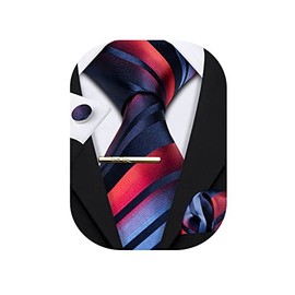 Barry.Wang Men's Silk Business Ties with Handkerchief, Cufflink Stripes Plaid Tie Set, Celebration Wedding