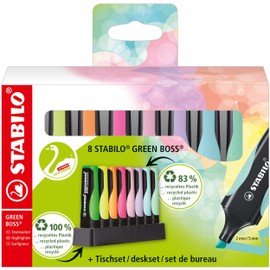 Eco-Friendly Highlighter - STABILO GREEN BOSS Pastel - Deskset of 8 - Assorted Colours