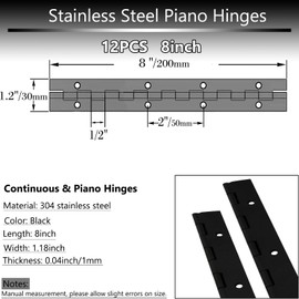 12PCS 8Inch Black Continuous & Piano Hinges, 1.2'' Open Width Heavy Duty Piano Hinge with Holes, 304 Stainless Steel 0.04'' Folding Hinges for Storage Boxes Cabinets Door Piano