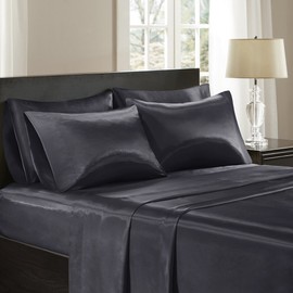 Madison Park Satin Wrinkle-Free Luxurious and Silky with 16" Deep Pocket 6 Piece Durable Sheet Set, Cal King, Black