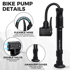 NUWAB Mini Bike Pump with Gauge, 10 Inch Portable Hand Bicycle Pump, 100PSI, Support Shrader and Presta, Fast Air Out Ball Pump, Work with All Bikes and Balls, Swimming Ring