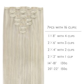 Wennalife WENNALIFE Seamless Clip In Hair Extensions Human Hair, 12 Inch 80g 7pcs Ash Blonde Highlighted Platinum Blonde Real Hair Extensions Invisible PU Skin Weft Natural Remy Human Hair