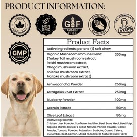 Dogs Immune Support Mushroom Supplement - Supports Longevity, Cognition, Joint, Cellular & Gut Health - All Natural Organic, GrainFree - Aid for Lumps and Bumps, Chicken Flavor - 90 Chews