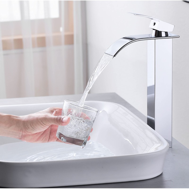 Rzoeox Tall Bathroom Vessel Faucet, Waterfall Design, Chrome Finish, Single