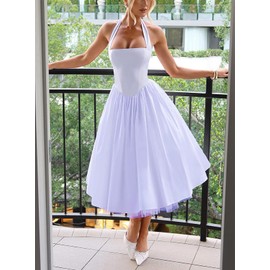 Women Summer Halter Dress Low Cut Sleeveless A Line Tulle Swing Flowy Tea Length Dress Corset Prom Formal Ball Gowns (Light Purple, Medium)