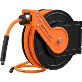 Giraffe Tools TA15B Retractable Air Hose Reel Wall Mount 3/8" x 50 ft Hybrid Hose, Air Compressor Heavy Duty Steel Reel Auto Rewind 300PSI, 50ft, Tangelo