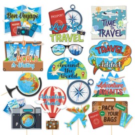 Travel Photo Booth Props,14 Pcs Let The Adventure Begin Travel Theme with Airplane Cameras Compass - Bon Voyage for Journey Birthday Baby Shower Party Decorations