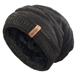 RockJock Mens Winter Knitted Slouch Beanie with R80 Thermal Insulation and Cosy Fleece Lining-Black/Grey