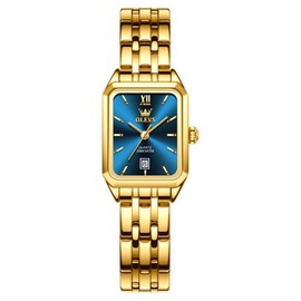 OLEVS Womens Watches Square Blue Small Face Watches for Women Gold Stainless Steel Bracelet Ladies Watches Analog Waterproof Female Watches Elegant Luxury Quartz Women's Wrist Watches Relojes De Mujer
