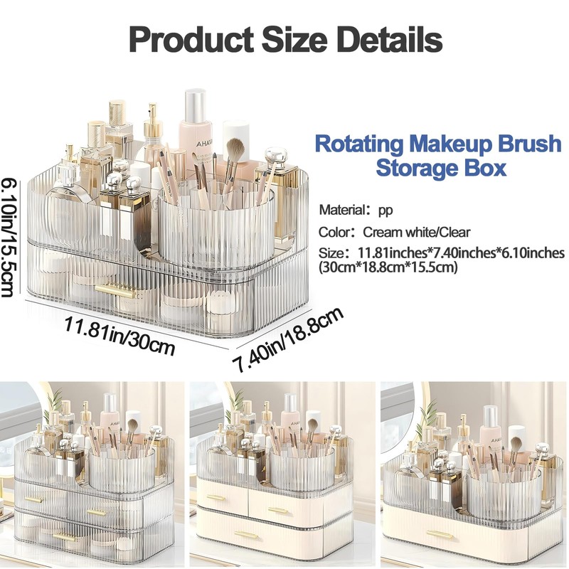 DASITON Makeup Organizer with Drawers and Rotating Makeup Brush Holder,Large