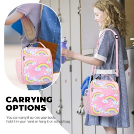 Clastyle Pink Rainbow Insulated Lunch Bag for Kids, Portable Large Thermal Cooler Lunch Bag for Girls, School Lunch Box Bag with Bottle Holder