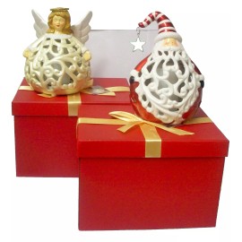 Home Reflections QVC Angel and santa Flameless Candle Ceramic Luminaries with Timer in Gift Boxes