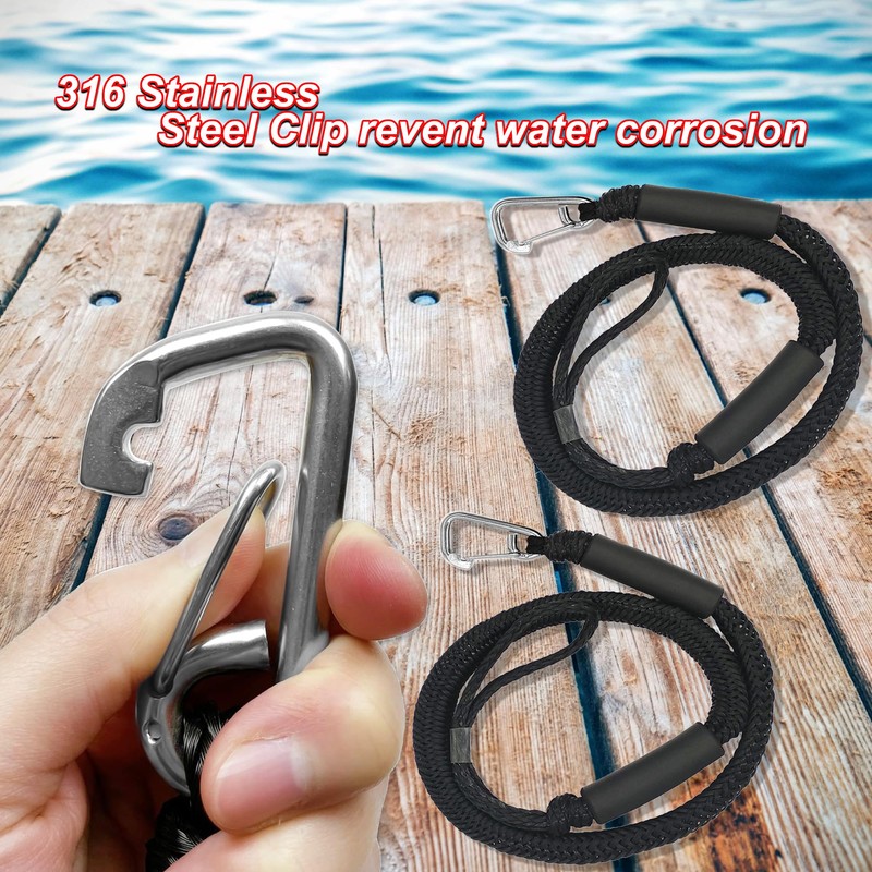 Bungee Boat Mooring Lines, 2FT, 1800LB Breaking Strength, 2 Carabiner