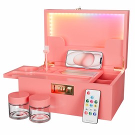 Usoway Bamboo Storage Box With Colored LED Lights - 358 Kinds Cool Light Effects, Premium Decorative Wooden Box With Combination Lock, Storage Box Set With Sliding Tray and Accessories (pink)