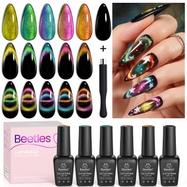 Beetles Gel Nail Polish Set 6 Colors Cat Eye Gel Nail Polish Holographic Glitter Chameleon Gel Polish with Magnet Aurora Cat Eye Gel Polish Soak Off U V LED Nail Lamp Nail Art Manicure Salon DIY Home