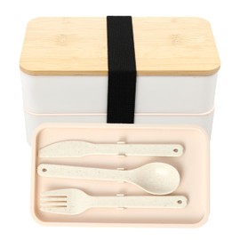 Grippi Ring Bento Box Adult Lunch Box - Silicone and Bamboo Lunch Container for Meal Prep - with 2 Stackable Food Containers, 1 Removable Divider, Eating Utensils, Strap (4"Hx7"Lx4"W, White)
