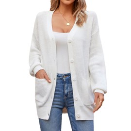 QUALFORT Women's 100% Cotton Cardigan Sweaters for Women Button Down Oversized Knit Outerwear with Pockets Off White Medium