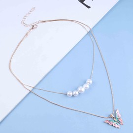 Yienate Boho Color Butterfly Pearl Necklace Choker Gold Funky Rainbow Butterfly Pendant Necklace Pearl Strand Pendant Choker Enamel Fairy Statement Butterfly Necklace Jewelry for Women and Girls