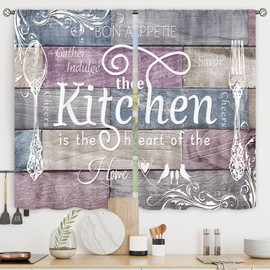 Riyidecor Pink Grey Rustic Farmhouse Kitchen Curtains Short Small Rod Pocket Wooden Board Wood Country Farm Bedroom Living Room Treatment Fabric 2 Panels 27.5Wx39H Inch