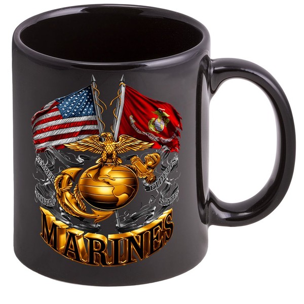 Coffee Cup with Double Flag Gold Globe USMC - Stoneware Mug, Patriotic Gifts