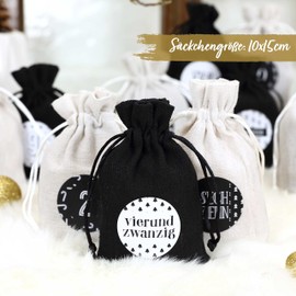Papierdrachen 24 Advent Calendar Fabric Bags for Filling – with Number Stickers from 1-24 – Fabric Bag to Decorate Yourself – Gift Bag – Black White Set No. 29