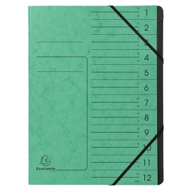 Exacompta 541203E premium folder stapled. Made from extra strong Colorspan cardboard DIN A4, 12 black compartments and 2 elastic bands with organisation print, ring folder, index folder, green.