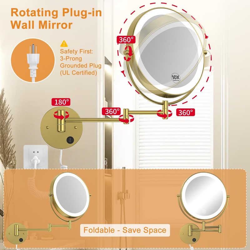 Gospire 9” Wall Mounted Lighted Magnifying Mirror, 1X/10X Magnification Double-Sided