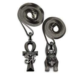 BLINGFACTORY Hip Hop Black Egyptian Anubis, Ankh Pendant & 24",30" Box Chain 2 Necklace Set