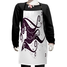 Ambesonne Retro Apron, Abstract Portrait of a Fantasy Girl with Long Fly-Away Hair and Butterflies, Small Apron Bib with Adjustable Ties for Baking Painting, Small Size, Eggplant and White