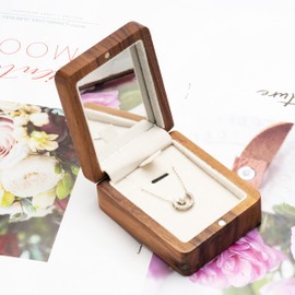 COSISO Vintage Natural Walnut Wood Necklace Box with Mirror Inside,Pendant Storage Case Jewelry Display Box for Anniversary Propose Christmas