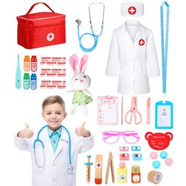 JOFLVA Doctor's Case, Children's Wooden Play Set with Real Stethoscope, Doctor's Case, Children, Doctor's Coat Doctor Play Set, Role Play Kit, Gifts for Children from 3 Years, Doctor's Coat Children