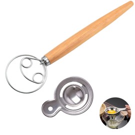 Katklu dough stirrer, 33 cm dough mixer with protein separator, stainless steel dough cutter with wooden handle, hand mixer for bread and cakes, accessories for
