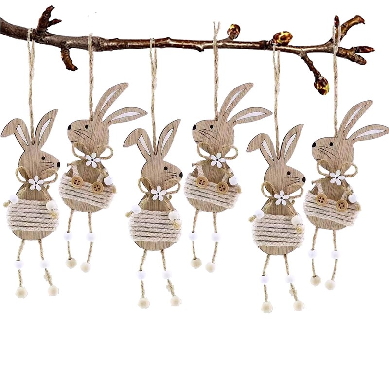 DAHI Wooden Easter Bunny Pendants 6 Pieces Easter Pendant Rabbit