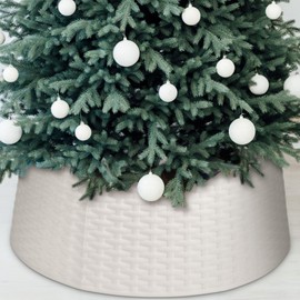 Liliful 26 Inch Plastic Christmas Tree Collar, Large Woven Christmas Tree Collar Basket, Rustic Christmas Tree Base Cover Skirt for Christmas Tree Decorations Accessories(White)