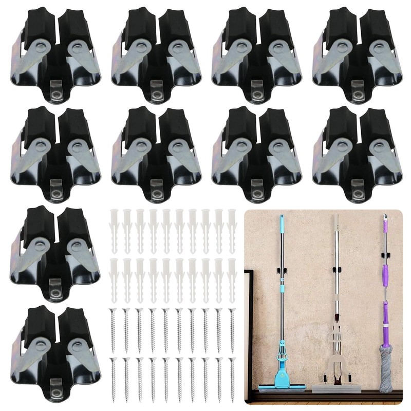 Rixotix 10-Pack Heavy Duty Mop & Broom Holder - Wall-Mounted