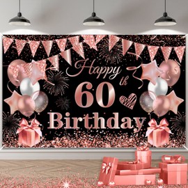 TUTUXMA 60th Birthday Decoration Banner, 60th Black Rosegold Birthday Backdrop Banner Photo Booth Sign Decorations, Extra Large Sixty Birthday Banner Background for Women 60th Birthday Party Supplies