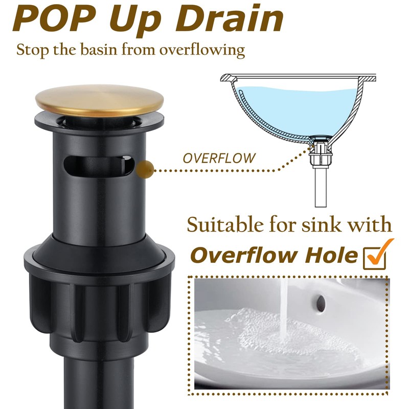 Roman Bathroom Sink Faucet Brushed Gold Single Hole Deck-Mount Pop-up