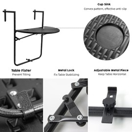 EJWOX Folding Balcony Hanging Table - Outdoor Railing Bar Serving Table, 3 Adjustable Height/Maintenance-Free Material, Suitable for Patio, Garden and Deck(Black Wicker Style)