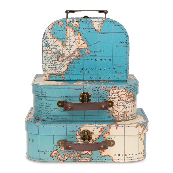 Jewelkeeper Paperboard Suitcases, Set of 3 Vintage Decorative Storage Box - Luggage Decor Storage - Gift Boxes for Birthday,Weddings,Anniversary Old Home Decoration - Vintage World Map Design