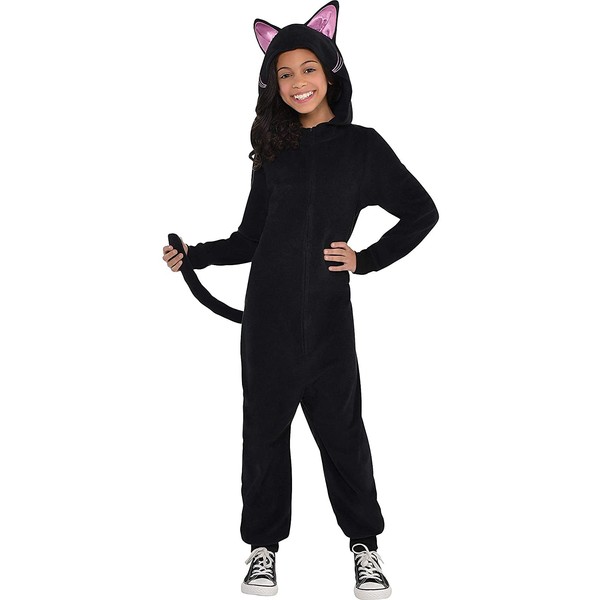 Party City Zipster Black Cat One Piece Halloween Costume for Girls, Attached Hood and Tail