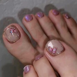 Press on Toenails Butterfly Fake Toe Nails Glitter False Toenails Glossy Full Cover Acrylic Glue on Toenails with Designs Purple Toe Press on Nails Artificial Stick on Toenails for Women Manicure