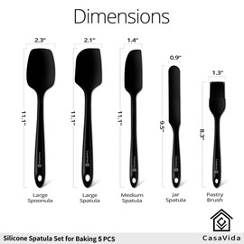 CasaVida Silicone Spatula Set 5pcs Black High Heat Resistant Non Stick Bakery Flexible BPA Free Dishwasher Safe Kitchen Utensils Bakeware Cookware Baking Mixing One-piece Seamless Spatula Set