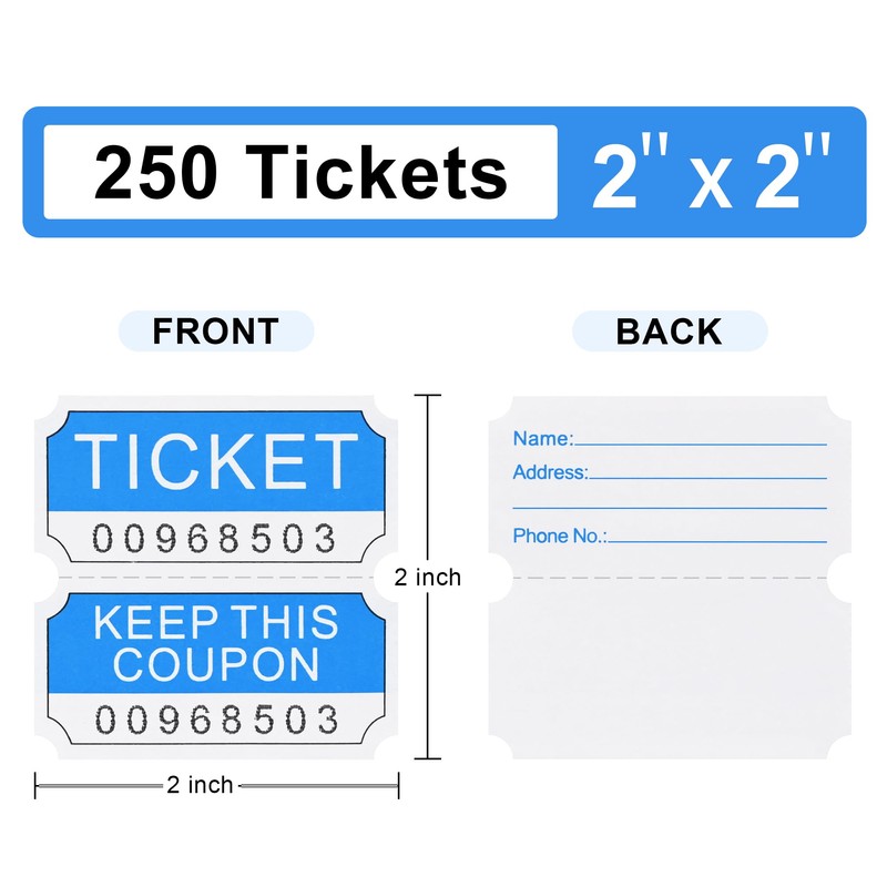 L LIKED 250 Raffle Tickets Rolls, Blue (4 Color Selection),Double
