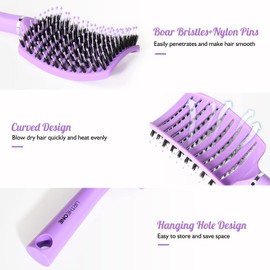 Hair Brush,URTHEONE Detangling Hairbrush Boar Bristle Curved Vented Hair Brush for Women Men Kids Curly Thick Long Short Wet or Dry Hair, Faster Blow Drying (2PK, Pink&Purple)